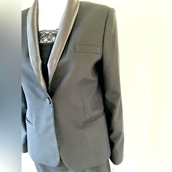 Zara black 100% Wool tuxedo style long blazer shiny black satin collar US Large - Picture 6 of 14